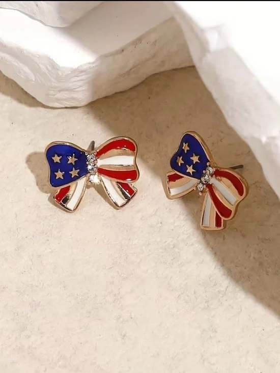 Patriotic Bow Stud Earrings - Red, White & Blue - Picture 2 of 3